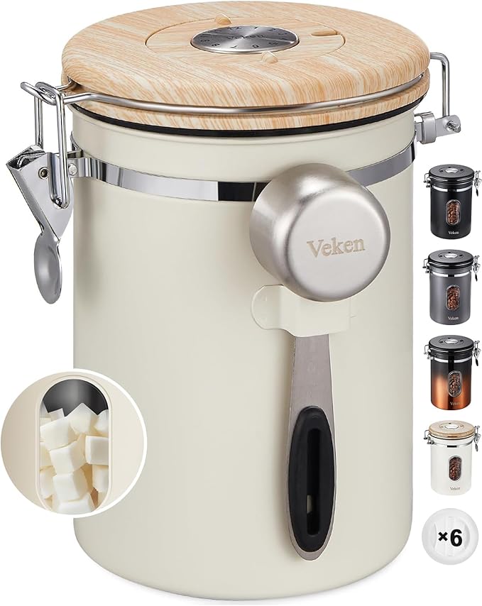 Veken Coffee Sugar Canister with Window, Easter Gifts Airtight Stainless Steel Container with Lids, Home Kitchen Food Storage Jars for Grounds, Beans, Tea, Flour, Cereal, Basket, Scoop, 22OZ, Cream