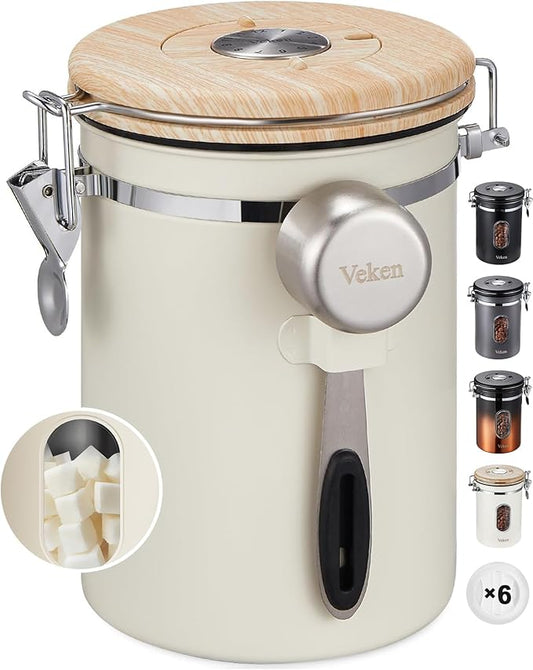 Veken Coffee Sugar Canister with Window, Easter Gifts Airtight Stainless Steel Container with Lids, Home Kitchen Food Storage Jars for Grounds, Beans, Tea, Flour, Cereal, Basket, Scoop, 22OZ, Cream