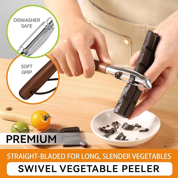 2-Piece Swivel Vegetable Fruit potato peelers Set - Straight + U-Shaped Blades with Solid Walnut Non-Slip Handles, Easy Peeling (Apples, Pears, Potatoes, Carrots, Cucumbers), Kitchen Tool Kit