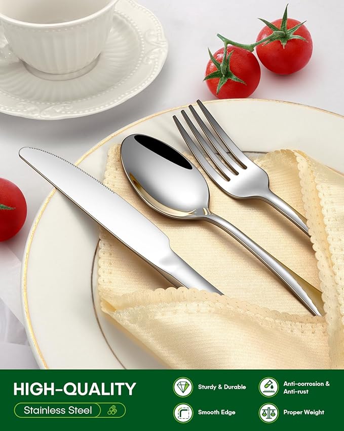 60 Piece Silverware Set, Stainless Steel Flatware Set for 12 Food Grade Novelty Flatware Cutlery Utensil Set Include Knife Fork Spoon Mirror Polished Dishwasher Safe