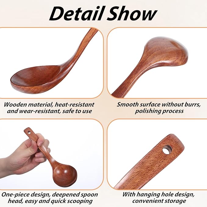 Wooden Ladle for Soup, Set of 2 Wooden Spoons for for Deep Pot, Non-Stick Wooden Spoons for Cooking & Serving, Natural Wood Sauces Porridge Soup Flatware with Long Straight Handle