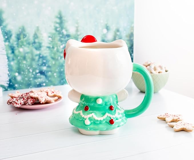 Silver Buffalo Sanrio Hello Kitty Holiday Christmas Tree Dress 3D Sculpted Ceramic Mug, 20 Ounces