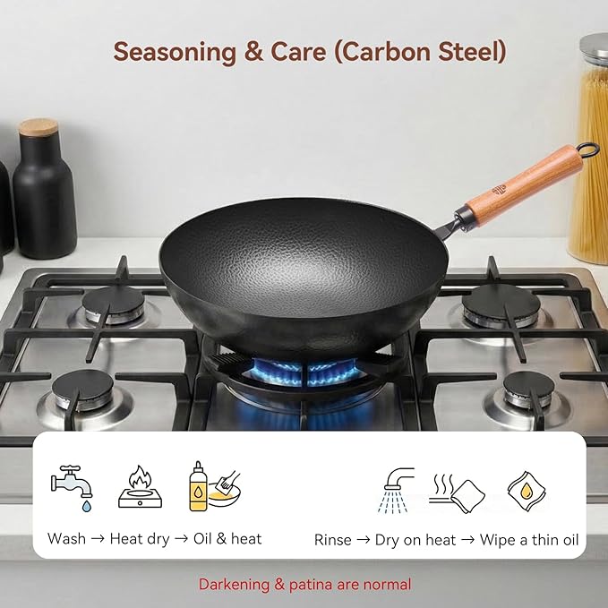 WANGYUANJI 11 Inch Round Bottom Iron Wok, Hand-Hammered Uncoated Wok with Wooden Handle, Traditional Stir-Fry Pan for Gas Stove or Wok Ring, Not for Flat Cooktops