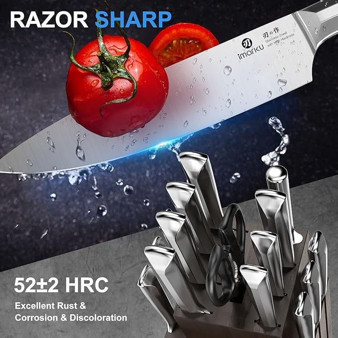 imarku Knife Set, 16 PCS High Carbon Japanese Stainless Steel Knife Sets for Kitchen with Block, Ultra Sharp Kitchen Knife Set with Sharpener Chef Knife Sets, Dishwasher Safe, Best Gifts