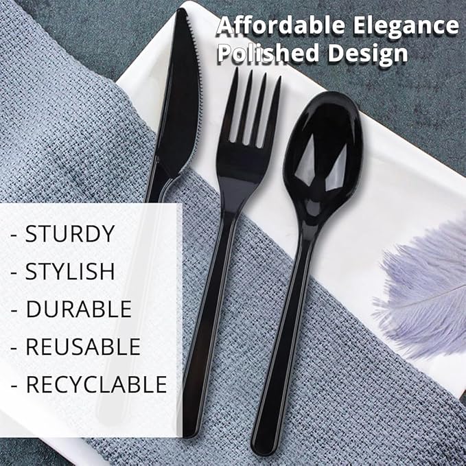 PARTY BARGAINS Onyx Settings Black Plastic Cutlery Set 360‑Piece – 180 Forks, 120 Spoons, 60 Knives – Heavy‑Duty Disposable Utensils for Parties, Weddings, Buffets, BBQs & Catering – BPA Free