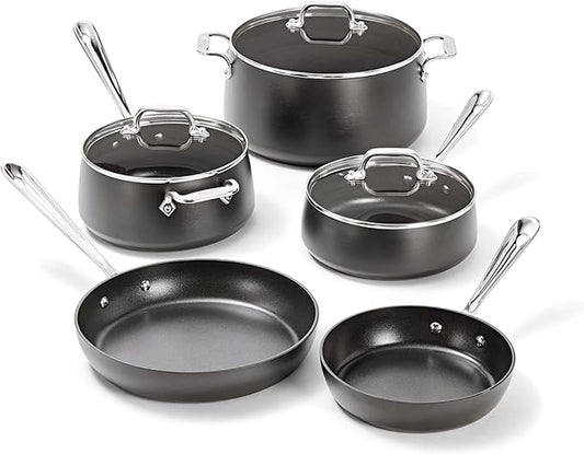 All-Clad HA1 Hard Anodized Nonstick Pots and Pans Set Non Stick Cookware Sets, Oven Broiler Safe 500F, Black