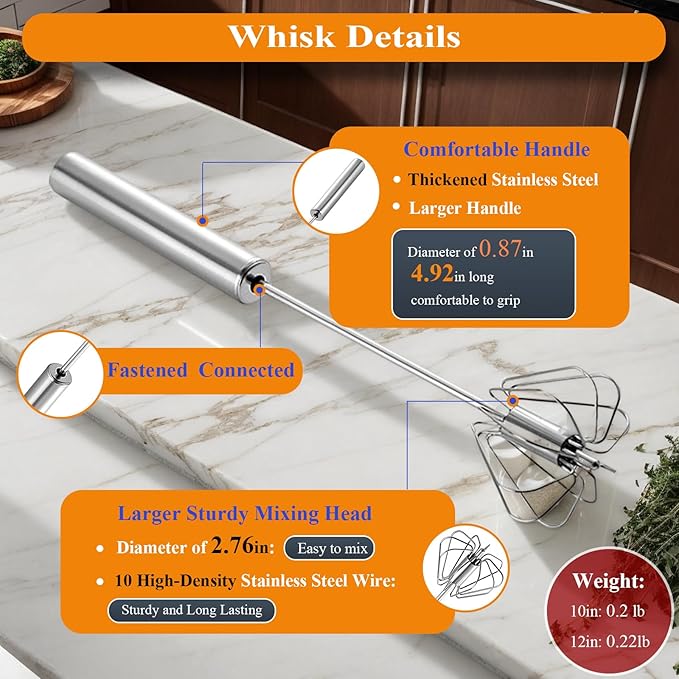 Stainless Steel Semi Automatic Whisk Egg Beater Whizzy Whisk, Hand Push Blender Kitchen Mixer Wisking Tool for Blending Cooking Gadgets (10in+12in)