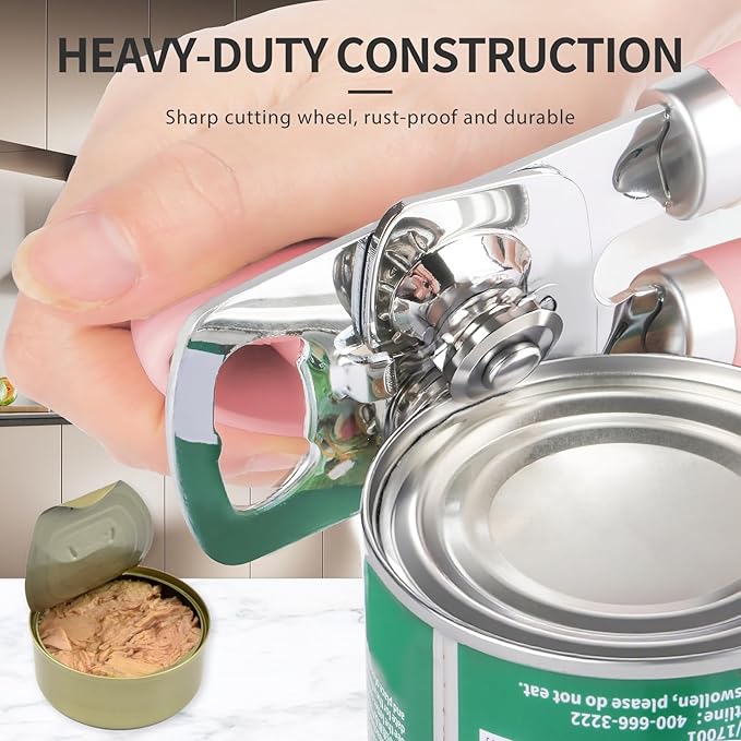 Can Opener Manual, Heavy Duty Stainless Steel Smooth Edge Can Openers With Soft Touch Handle, Oversized Handheld Easy Turn Knob, Multi-Function Bottle Opener, Pink