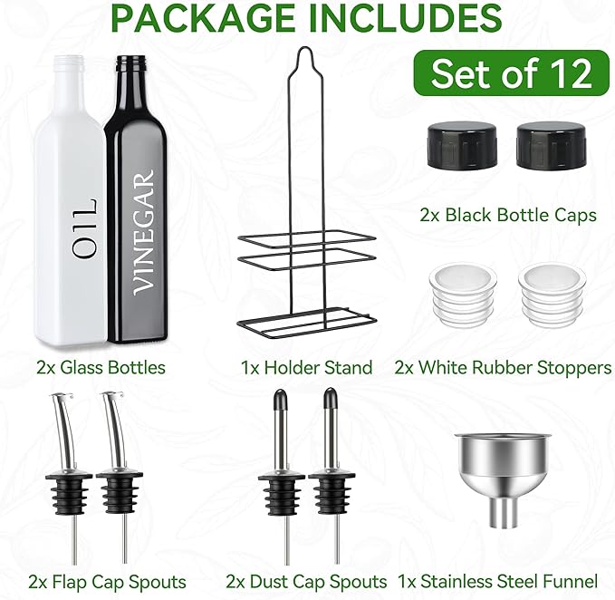 Vakoo Oil and Vinegar Dispenser Set - 17oz/500ml, Extra Thick Glass, Leak-Proof, Olive Oil Dispenser Bottle for Kitchen (White Black)