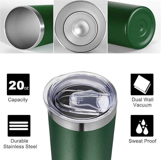VEGOND Stainless Steel Tumblers Bulk 6 Pack, 20 oz Vacuum Insulated Skinny Tumblers with Lid and Straw, Double Wall Coffee Mug, Travel Water Cup, Dark Green
