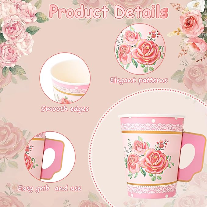 60 Sets/120 Pcs Floral Paper Tea Cups and Saucers 9 OZ Disposable Paper Tea Cups with Handle and Plates Tea Party Decorations for Birthday Wedding Garden Party Decorations