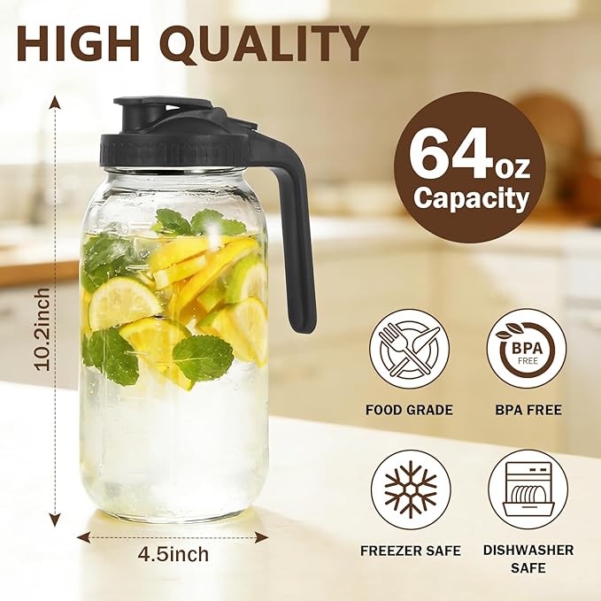 3 Pack Glass Pitchers with Lid, 64 oz Sun Tea Pitcher, Half Gallon Mason Jar Pitcher with Wide Mouth Airtight Lid for Ice Tea, Cold Brew Coffee, Fridge Water, Milk, Juices, Leak Proof Water Jug