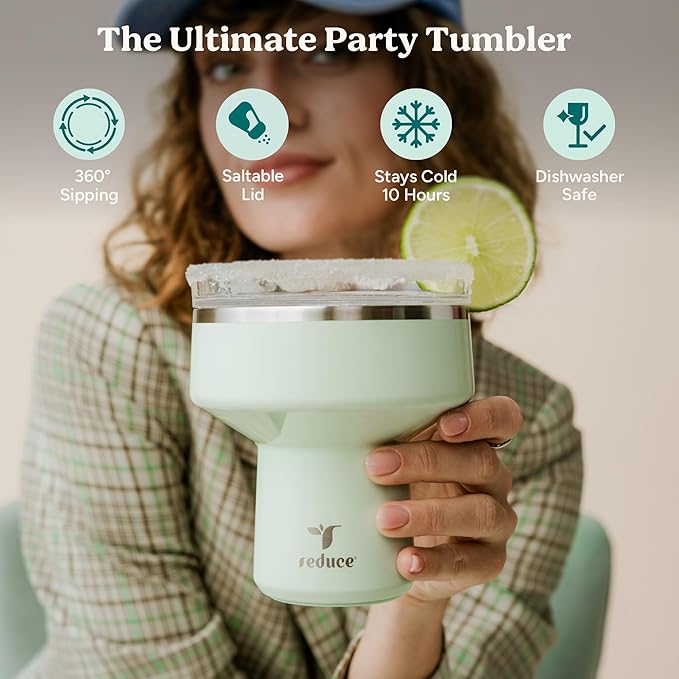 REDUCE Saltini 16 oz Cocktail Tumbler - Insulated Margarita Tumbler with Lid - Keeps Drinks Cold for 10 Hours - 360 Sippable Martini Glass Alternative - Shatterproof, Perfect for Parties - Pina Colada