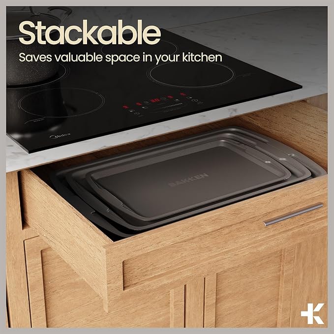 Bakken Swiss Cookie Sheet 3 Piece Set - Non-Stick, Stackable Baking Pans, Gray marble Deluxe Ceramic Coating – Dishwasher Safe - for Home Baking
