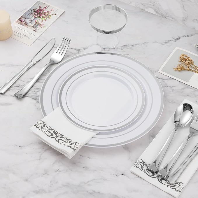 BESTVIP 100PCS 7 Inch Silver Plastic Dessert Plates, Disposable Plate with Silver Rim for Salad/Samll Cakes, Heavy Duty Plates for Party, Wedding and Birthday, Events