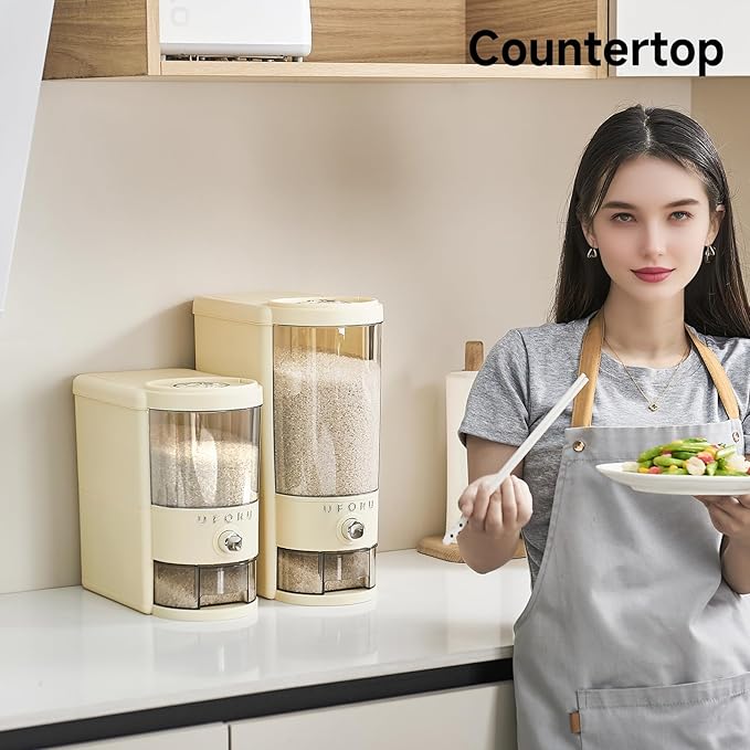 Rice Dispenser 10 lbs | Large Rice Storage Container for Kitchen&Pantry - Space-saving, Moisture & Pest-proof, BPA-Free - Dry Food Dispenser with One-Touch Dispenser & Measuring Cup for Families