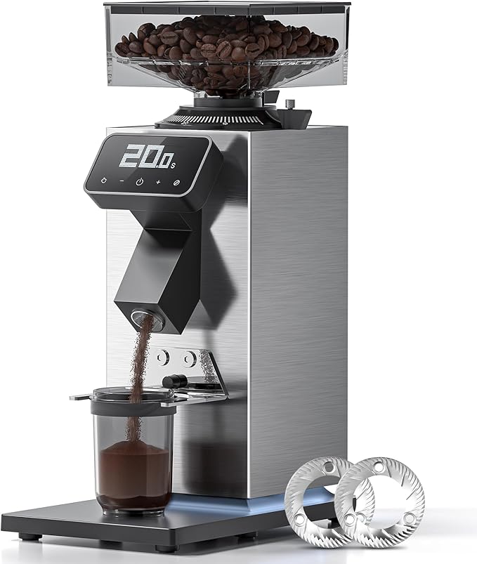 Commerical Flat Burr Coffee Bean Grinder, Electric Espresso Grinders for Home Use with All-Metal Chamber and 90 Presice Settings, Stainless Steel Housing, Anti-Static, LED Panel, Sliver
