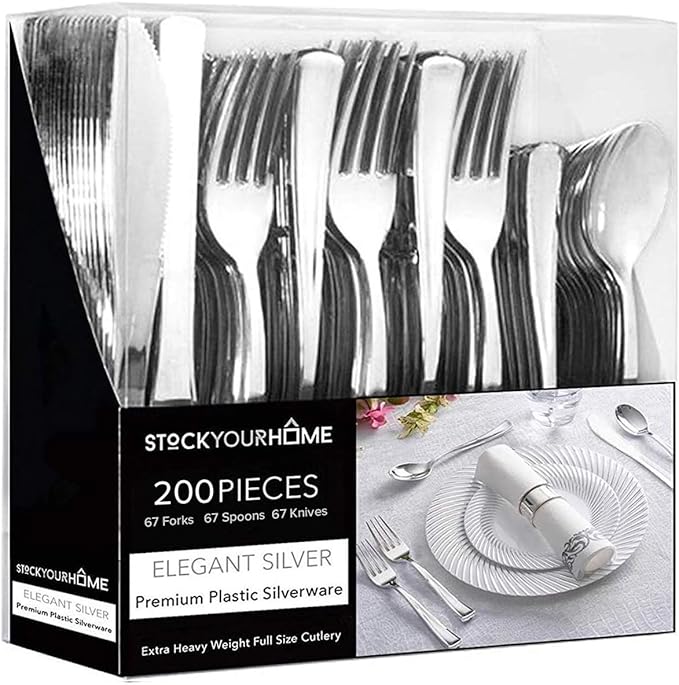 Silver Plastic Silverware Set (200-Pack) – Disposable Heavy Duty Cutlery, 67 Forks, 67 Knives, 67 Spoons for Parties, Weddings, Dinners & Holidays