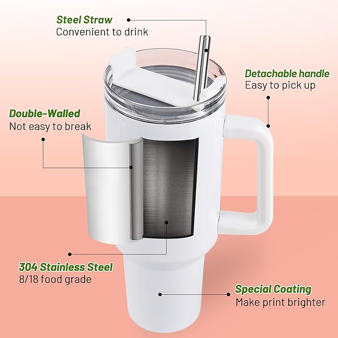Joyclub 8 Pack 40 OZ Sublimation Tumblers with Handle Blank Insulated Large Tumbler Bulk, Coffee Travel Cups Stainless Steel Travel Mug for Diy Craft Heat Press Print