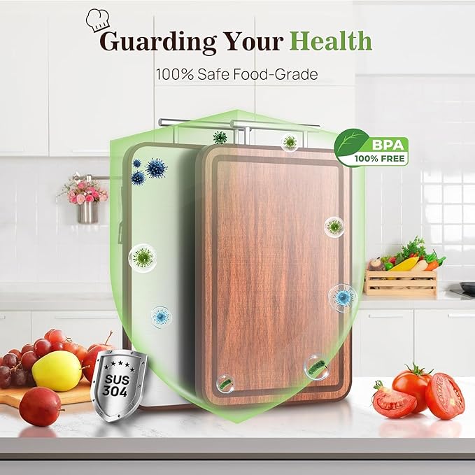 Stainless Steel Cutting Board Wood Double Sided Chopping Cutting Boards for Kitchen - 2 in 1 Ebony Metal with Handle Scratch Resistant Raw Meat Vegetable Fruit Cooking Gift(Large17.7"L x 11.6"W)