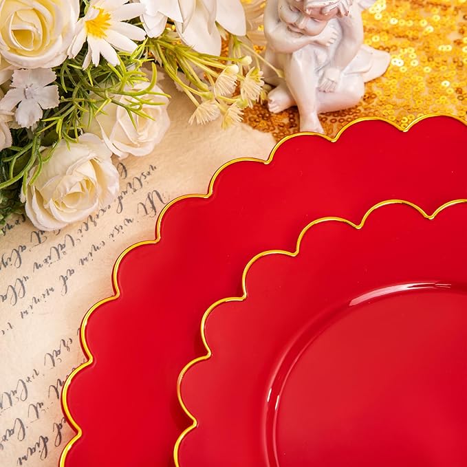 LIYH 60 Pcs Red Plastic Plates Disposable with Gold Edge Scalloped Red Disposable Plates Includes 30 Dessert & 30 Dinner Plate Dishes Tableware for Party Birthday Mother's Day
