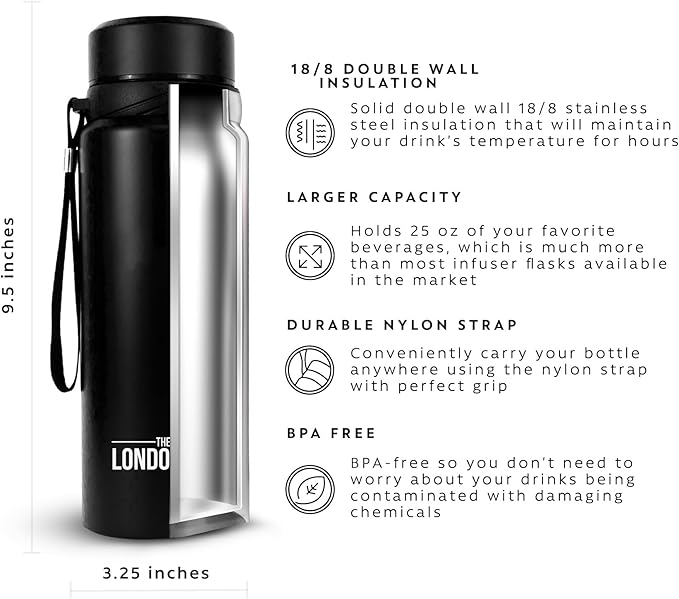 The London Sip 25 oz Multi-Function Travel Mug and Tumbler Tea Infuser Water Bottle Fruit Infused Flask Hot and Cold Double Wall Stainless Steel Coffee Thermos, Zen Black, Pack of 2