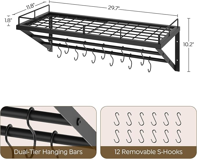 Pot Rack, 30 Inch Wall Mounted Pot Rack, Kitchen Pot and Pan Organizer with 2 Tier Hanging Rails, 12 S-Hooks, Space Saving, for Kitchen Cookware Organizer, Black PR02BK