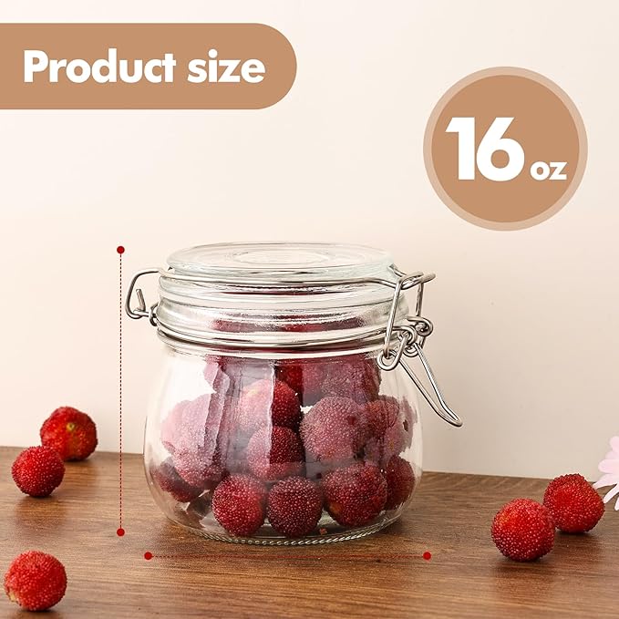 6 Pack 17oz Mason Glass Jars with Clamp Lids, Large Clear Airtight Food Storage Containers, Glass Canisters for Coffee, Sugar, Flour, Pasta, Spices, BPA-Free