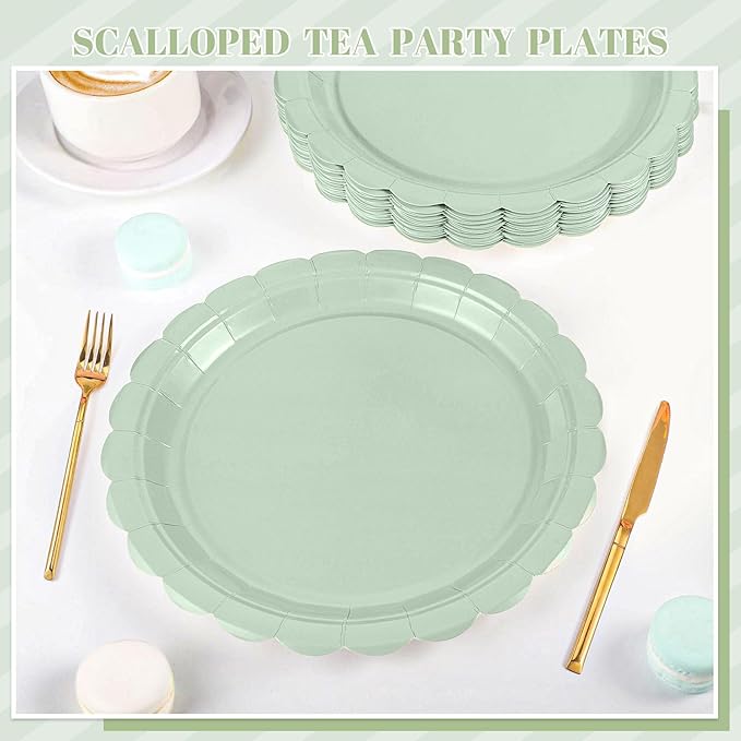 30 Pcs Sage Green Paper Plates 9 Inch Disposable Scalloped Easter Plates Cute Dessert Cake Plate Party Dinner Plate for Baby Shower, Wedding, Bridal Shower
