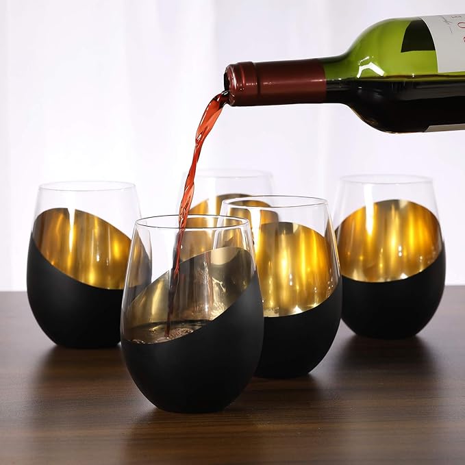 MyGift Modern Matte Black and Gold Tilted Design Stemless Wine Glasses Tumblers - 18 oz, Set of 6