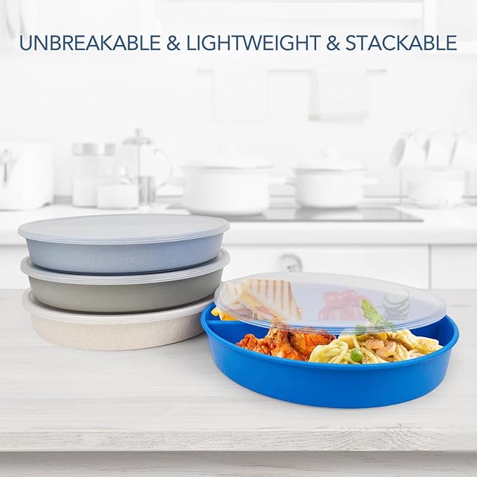 greenandlife 9 Inch 4PCS Divided Plates with Lids, Portion Control Plates for Kids Adults, Dishwasher Microwave Safe Compartment Plate, Unbreakable Lightweight Reusable Wheat Straw Plate, Blue