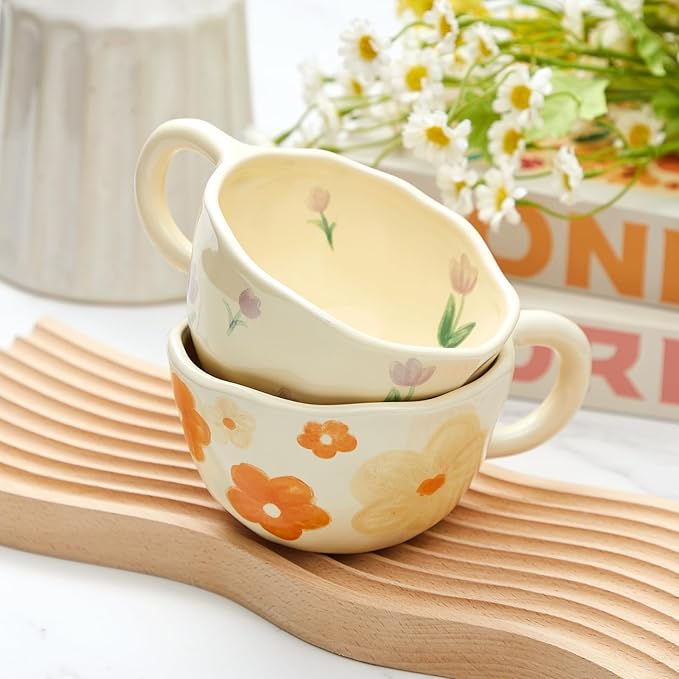 Vesici 2 Pcs Ceramic Coffee Mugs with Spoon, Vintage Floral Spring Mugs with Handle, 8.5 oz Aesthetic Flower Porcelain Tea Cup Set, Dishwasher & Microwave Safe for Home Office Gift(Charming)