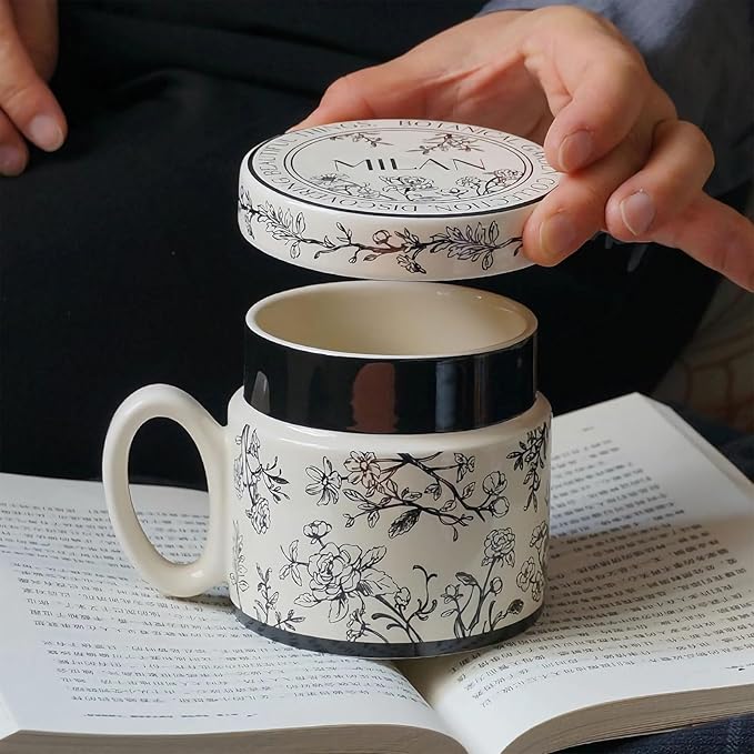 12.9oz Ceramic Coffee Mug with Lid,Flower Patterned Porcelain Mug,Ceramic Tea Cup Coffee Latte Mug for Office and Home,Black,1 Piece
