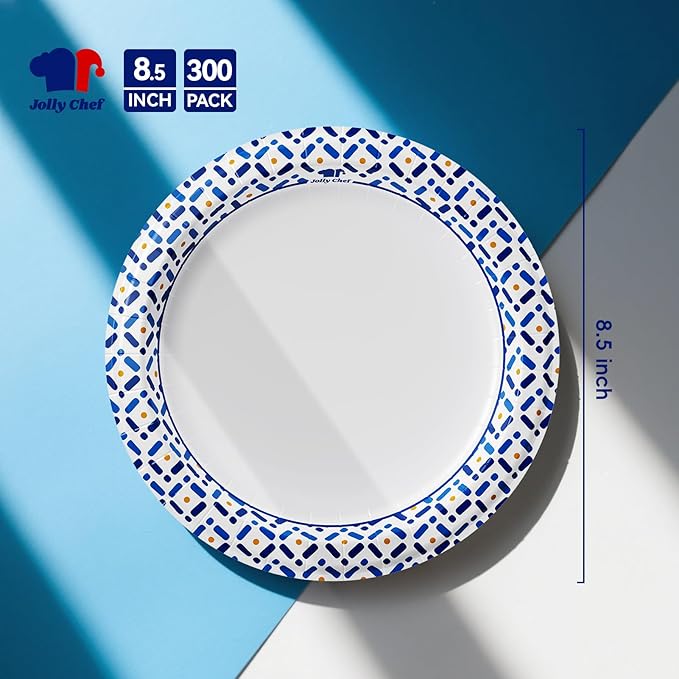 JOLLY CHEF 300 Count 8.5 Inch Paper Plates, Soak-Proof, Cut Proof, Disposable Heavy Duty Plates for Everyday Use, Picnic, Family Gatherings, Parties