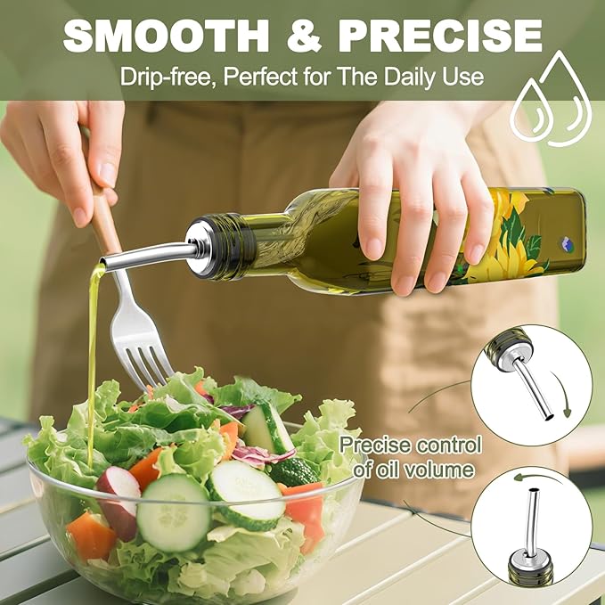 COOLMI Oil and Vinegar Dispenser Set - 17oz/500ML Premium Glass Olive Oil Dispenser Bottles for Kitchen, Oil Dispenser for Kitchen (Yellow Daisy)