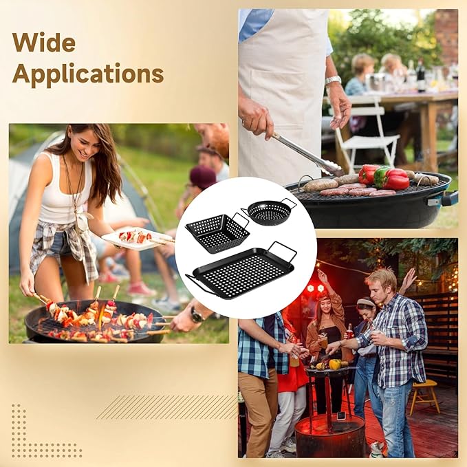 Grill Baskets, Heavy Duty BBQ Grilling Baskets 3PCS Outdoor for Vegetables Meat Seafood, Non-Stick Perforated Grill Pans Tray for Charcoal Grills Grilling Accessories