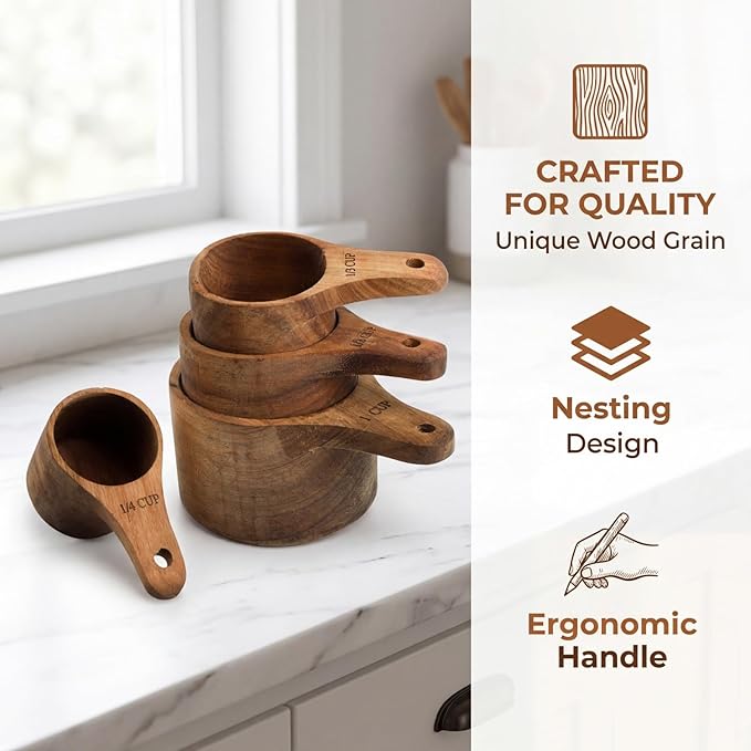 Lyellfe Set of 4 Acacia Wood Measuring Cups, Stackable Kitchen Measure Tool with Handle, Baking and Cooking Measuring Set, Handcrafted with Polish Finish, 4 Size
