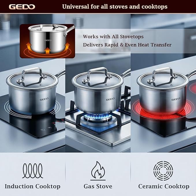 GEDO 3-Ply 304 Stainless Steel Saucepan with Lid, One-Piece Rivet-Free & Seamless Design, Angled Spout & Heat-Resistant Handle, Universal Stovetop Compatible for Indoor Cooking (7 In / 18cm Size)