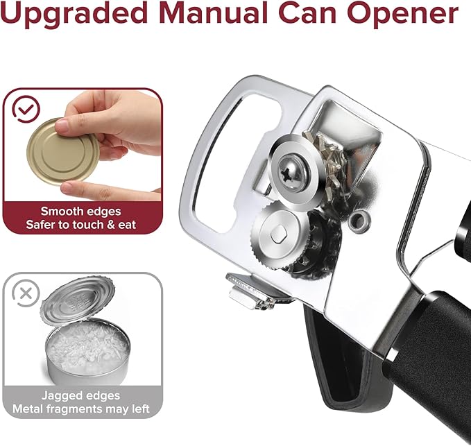 Can Opener Manual with Magnet, Heavy Duty Hand Held Can Opener with Sharp Stainless Steel Blade Easy to Use, Effortless Turn Knob, Soft Comfortable Handle, Built-In Bottle Openers, Black