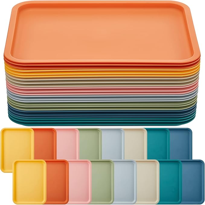 Mumufy 24 Pcs Plastic Fast Food Trays Bulk Colorful Restaurant Serving Trays Cafeteria Rectangular Plastic Serving Platter Grill for Kitchen Restaurant Coffee (Elegant Color)