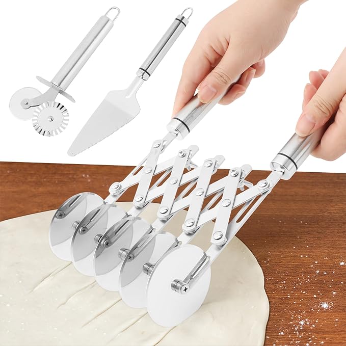 5 Wheel Pastry Cutter, Expandable Stainless Steel Dough Cutter Wheel with Handle, Baking Roller Cookie Dough Divider, Multi-Round Pastry Knife, Pizza Cutter Roller and Pie Server