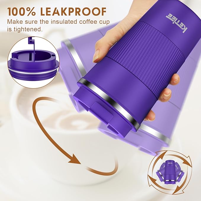 KETIEE 12oz Coffee Mug: Vacuum Insulated Coffee Cup with Leakproof Lid, Travel Coffee Mug Stainless Steel Double Walled Reusable Coffee Cup for Hot and Cold Water Tea (Purple)