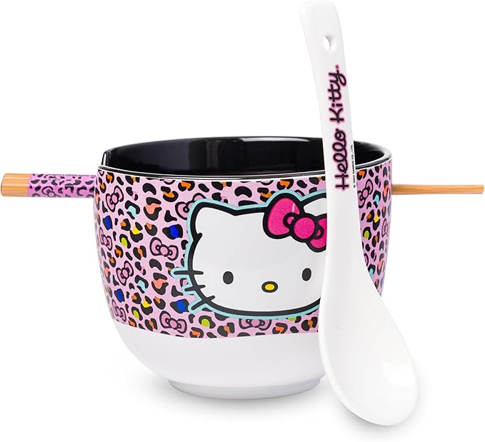 Silver Buffalo Sanrio Hello Kitty Pink Leopard Print Ceramic Ramen Noodle Rice Bowl with Chopsticks and Spoon, Microwave Safe, 20 Ounces