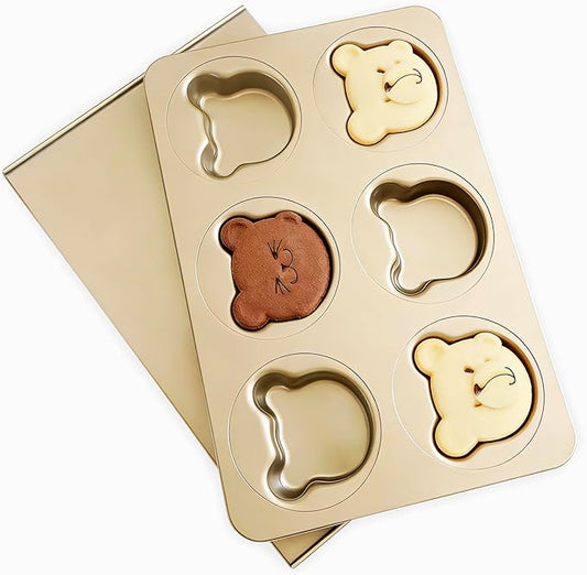 6 Cavity English Muffin Pans, Bear-Shaped Donut Mold Cake Pan, Straight Side English Muffin Cupcake Pan with Lid, Non-Stick Madeleine Doughnut Pans for Bear Cake Decoration