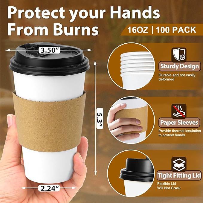100 Pack 16 oz Disposable Paper Coffee Cups with Lids and Sleeves, Sturdy Thick Paper Cups with Lids(White)
