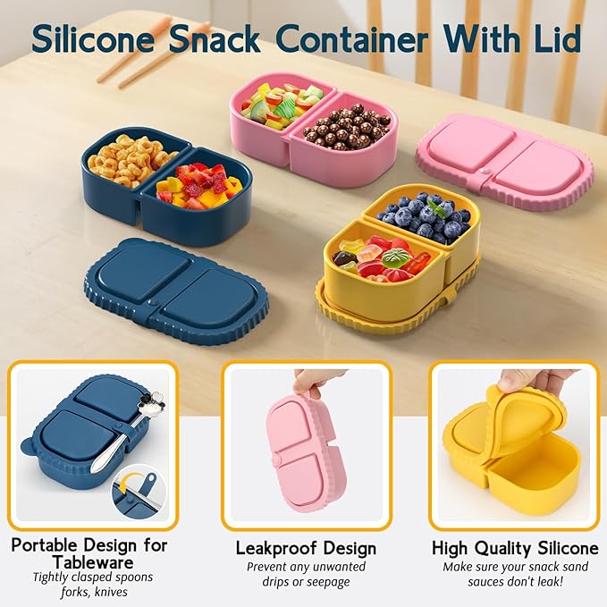 6 Pack Reusable Silicone Snack Containers with Lids, 2 Compartment Leakproof Food Storage Containers, BPA-Free Portable Snack Boxes for Lunch, School, Adults