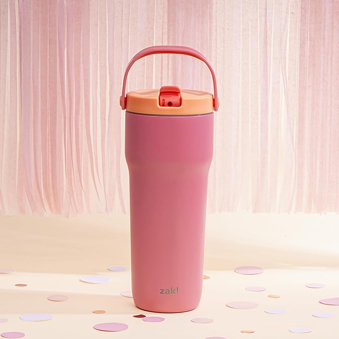 Zak Designs Sutton Travel Tumbler for On the Go, 30oz Stainless Steel with Vacuum Insulation, Straw Spout, Carry Handle for Cold Drinks (So Sweet Pink)