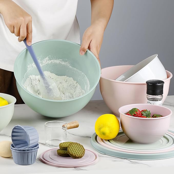 Plastic Mixing Bowls with Lids Set for Kitchen, Nesting Bowls for Mixing, Baking, Prepping, Cooking and Serving Food, Mixing Bowls Dishwasher, Microwave Safe(Pink)