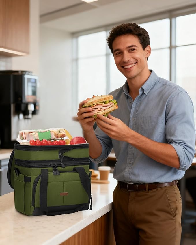 Lunch Box For Men Women Double Deck Insulated Lunch Bag For Men Woman Leakproof Expandable Cooler Bag with Adjustable Shoulder Strap for Kids Shool Work Picnic Camping(Green,Large)