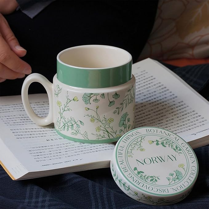 12.9oz Ceramic Coffee Mug with Lid,Flower Patterned Porcelain Mug,Ceramic Tea Cup Coffee Latte Mug for Office and Home,Green,1 Piece